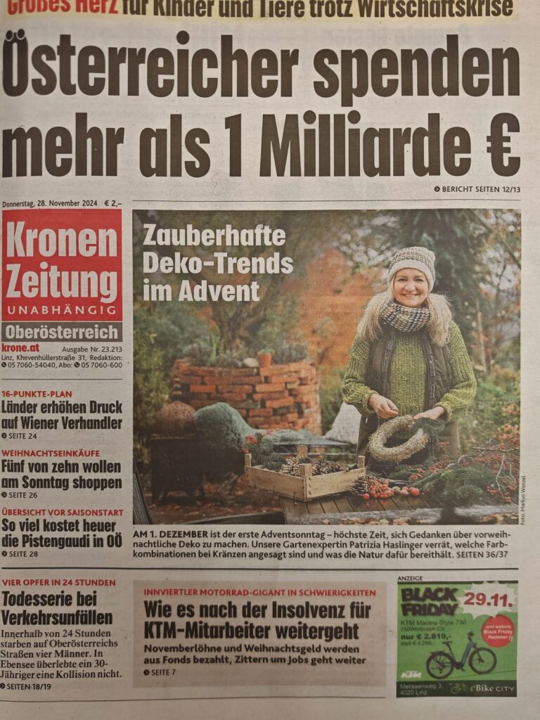 Titelseite Kronen Zeitung 28.11.24 | Patrizia Haslinger Die Herzensgärtnerin